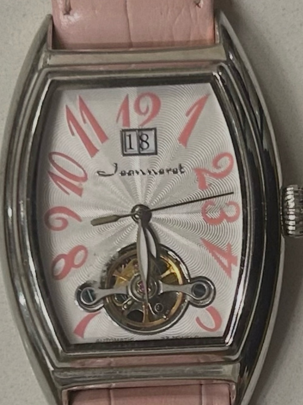 Jean Marcel Automatic Open Heart Skeleton Watch Pink Leather Strap Date Display
